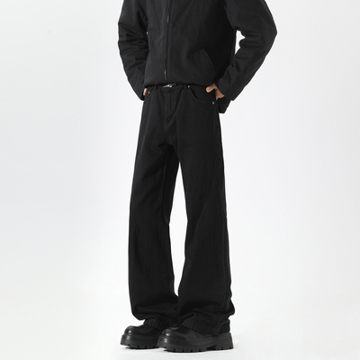 美式高街解构拼接直筒黑色牛仔裤