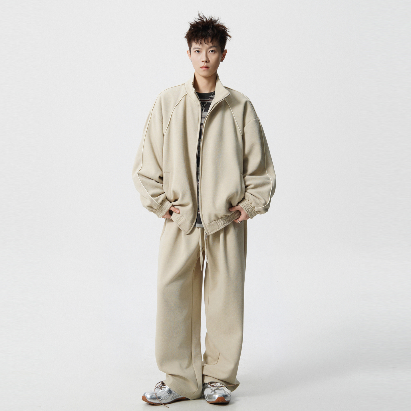 悟空有货美式拼接肌理感运动套装男女秋季情侣宽松卫衣卫裤两件套