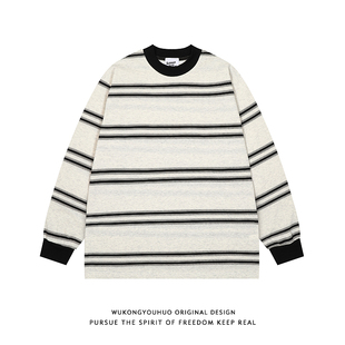 休闲百搭宽松打底衫 悟空有货复古日系条纹圆领长袖 t恤男2025秋季