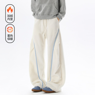 宽松百搭阔腿休闲长裤 悟空有货潮牌复古羊羔绒拼接弯刀裤 男女美式