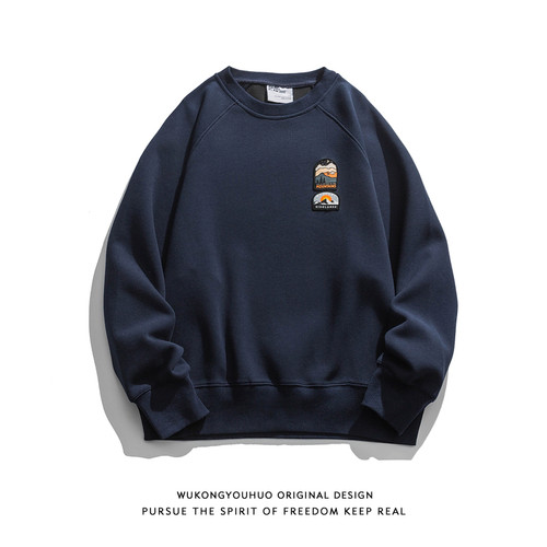 日系简约绣标纯色圆领上衣情侣