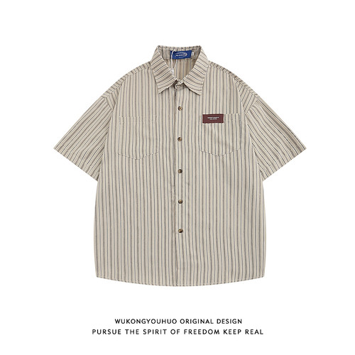 复古日系条纹翻领短袖衬衫男女