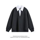 悟空有货秋季 复古拼色深V衬衫 领假两件卫衣男潮牌宽松百搭打底衫