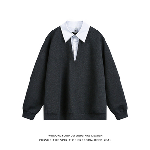 领假两件卫衣男潮牌宽松百搭打底衫 悟空有货秋季 复古拼色深V衬衫