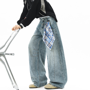 男女宽松潮流百搭阔腿长裤 悟空有货美式 复古可拆卸方巾弯刀牛仔裤