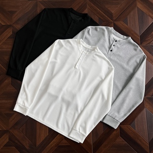悟空有货华夫格纯色高级感亨利领长袖T恤男秋季情侣宽松百搭上衣