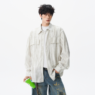 悟空有货美式复古扎染条纹长袖衬衫男女潮牌春季宽松情侣休闲衬衣