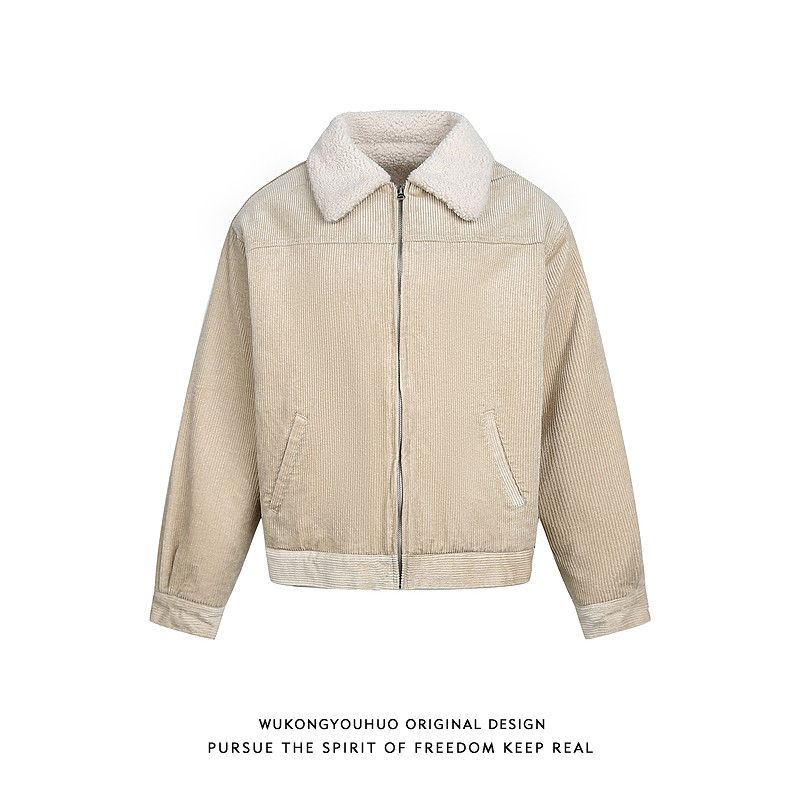 复古灯芯绒羊羔绒翻领棉衣男女潮