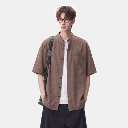 复古老钱风仿麻垂感短袖衬衫男