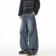 男复古宽松百搭阔腿长裤 悟空有货潮牌美式 水洗做旧拼接弯刀牛仔裤