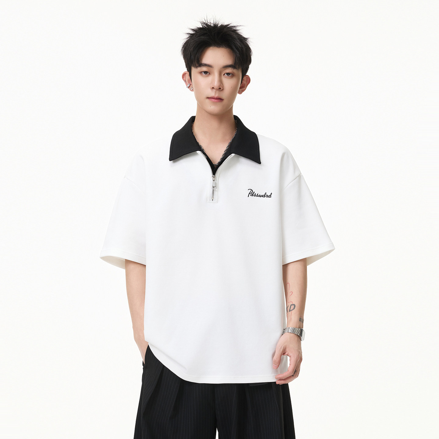 悟空有货拼色刺绣立领假两件短袖T恤男潮牌宽松情侣休闲POLO体恤