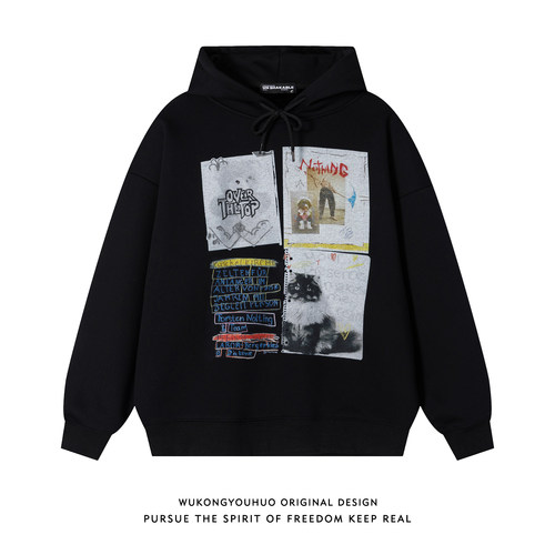 美式复古印花加绒连帽卫衣