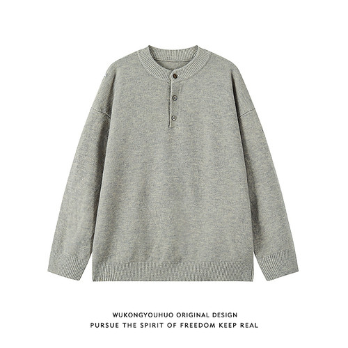 复古纯色亨利领毛衣秋季潮牌