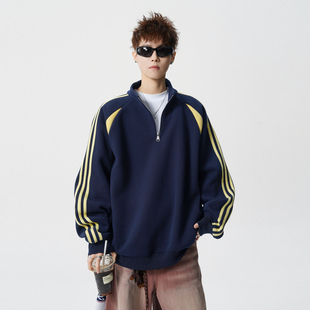 悟空有货潮牌400g重磅三条杠拼接半拉链套头卫衣男女宽松休闲上衣