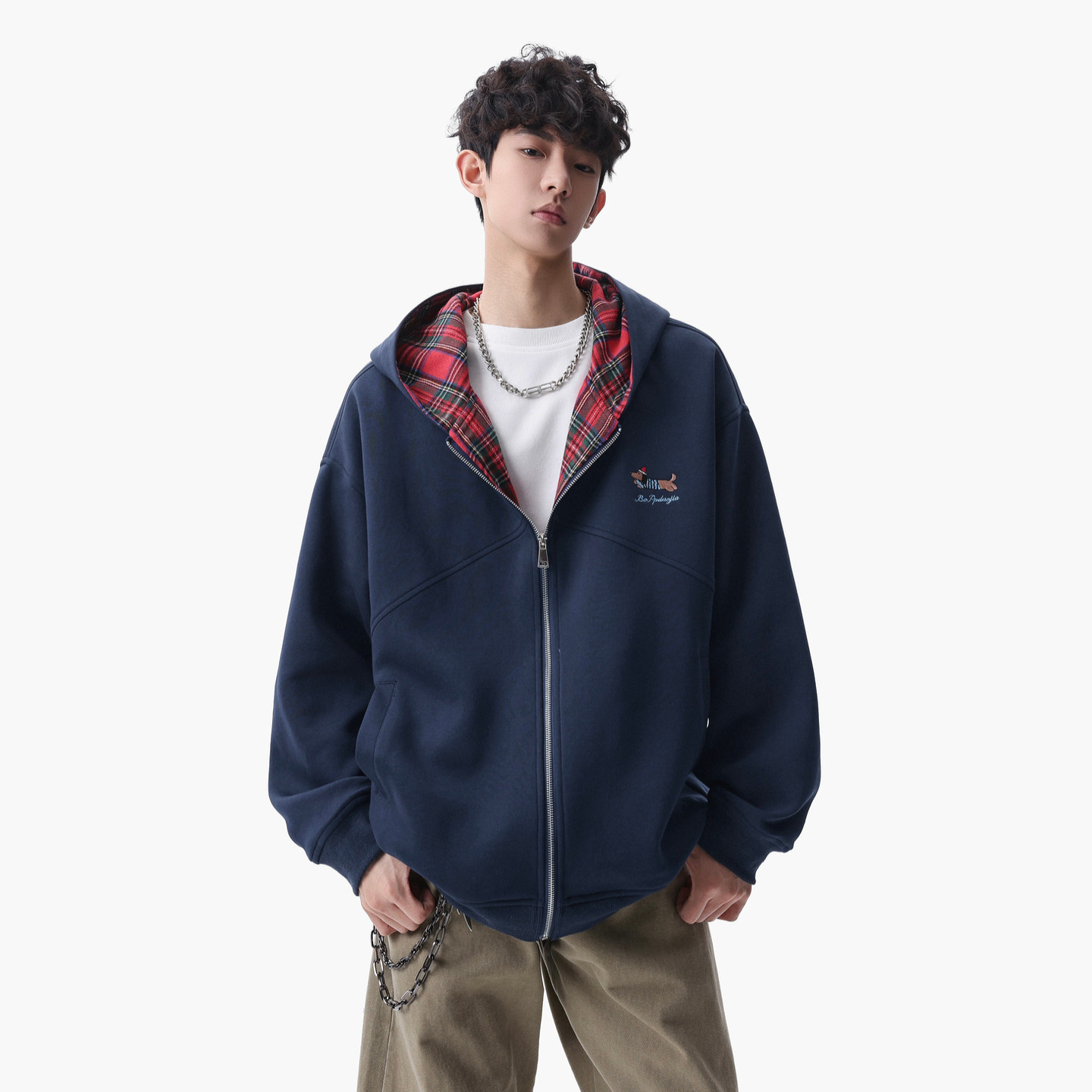 悟空有货潮牌美式格子刺绣开衫连帽卫衣男女春季情侣宽松帽衫外套,男装,卫衣,淘宝优惠券,粉丝福利购,淘宝优惠卷