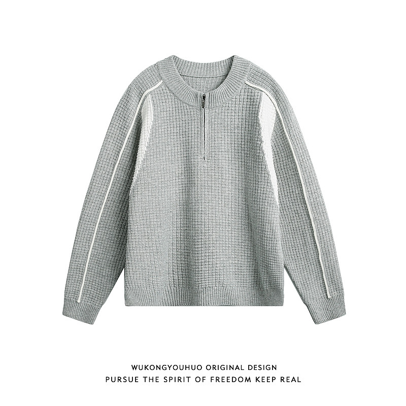 悟空有货美式运动风拼接撞色半拉链针织衫男秋冬复古短款情侣毛衣