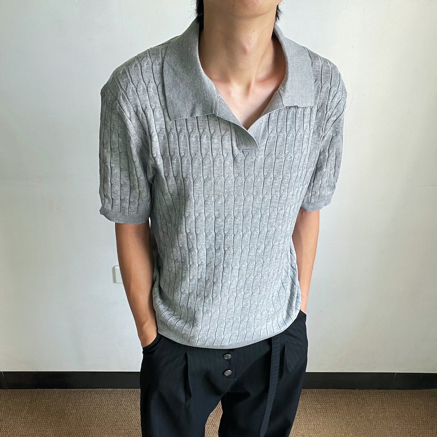 悟空有货复古麻花纹冰丝针织短袖POLO衫男女cleanfit休闲通勤上衣