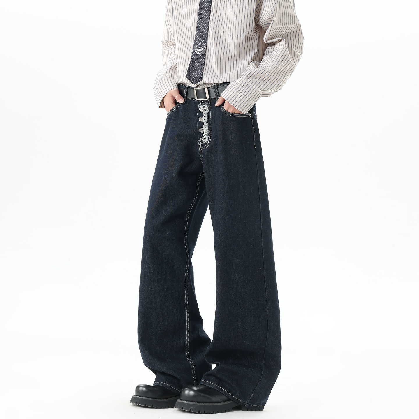 美式复古排扣直筒牛仔裤男潮牌