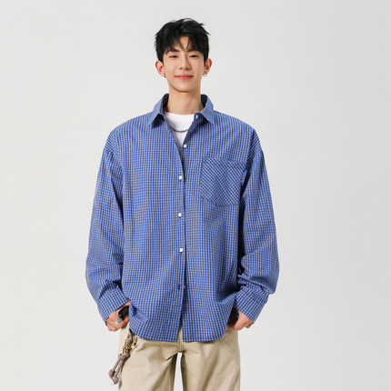 悟空有货秋季潮牌格子cleanfit长袖衬衫男女复古宽松情侣百搭衬衣