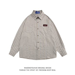 休闲百搭衬衣 男女春秋宽松情侣装 悟空有货日系复古竖条纹长袖 衬衫