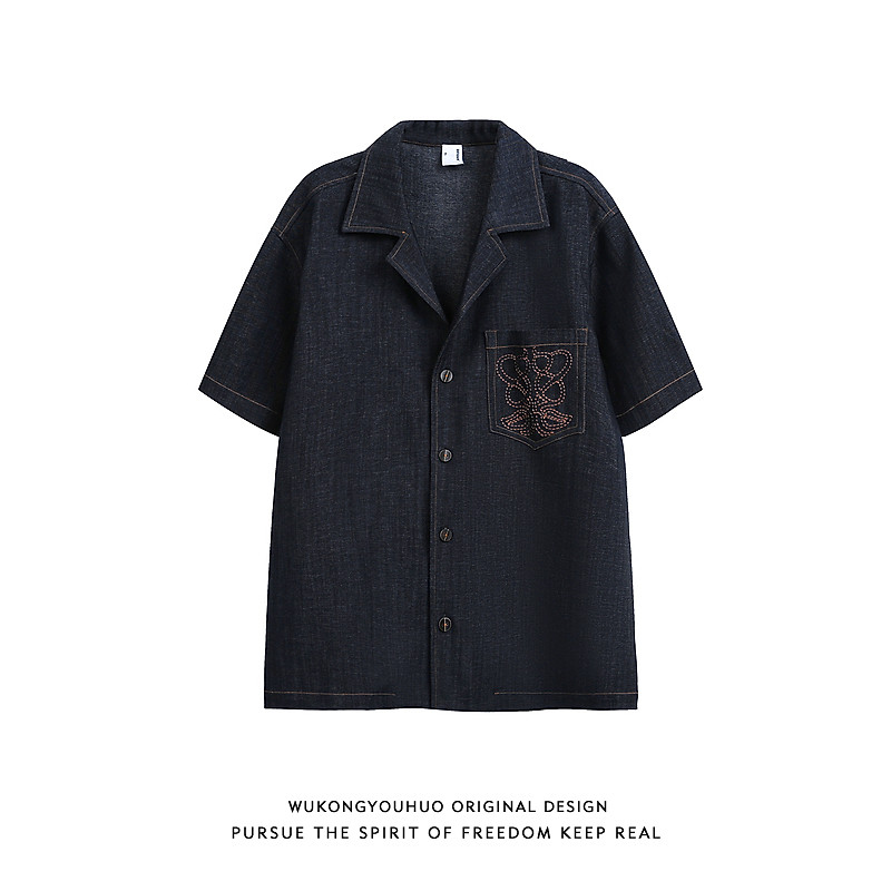 悟空有货欧美嘻哈刺绣口袋牛仔短袖衬衫男女潮牌宽松情侣休闲衬衣