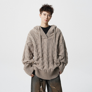 悟空有货复古潮牌扭花V领连帽针织衫男秋季情侣宽松情侣休闲毛衣