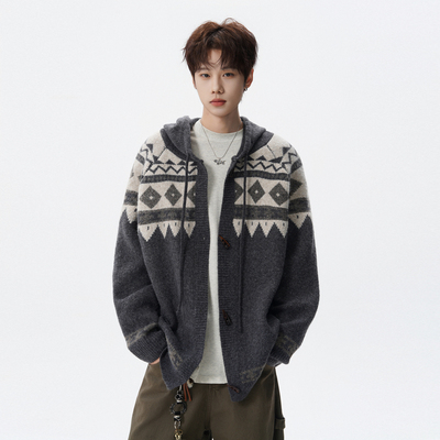 菱格秋冬复古费尔岛提花连帽毛衣