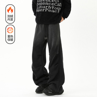男复古宽松潮流百搭阔腿长裤 悟空有货潮牌美式 水洗做旧加绒弯刀裤