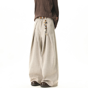 悟空有货老钱风褶皱条纹垂感休闲裤 男复古潮牌宽松百搭直筒阔腿裤