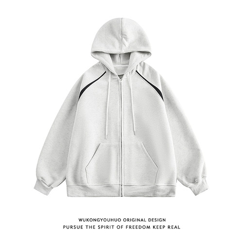 复古潮牌撞色拼接开衫连帽卫衣