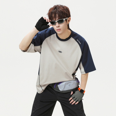 潮牌夏季撞色拼接插肩短袖T恤