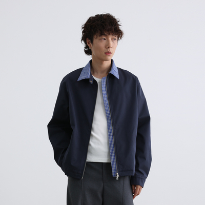 老钱风格子拼接假两件哈灵顿夹克