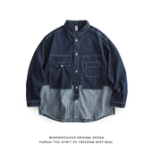 夹克男秋季 悟空有货美式 衬衫 长袖 宽松bf衬衣外套 复古口袋拼色工装