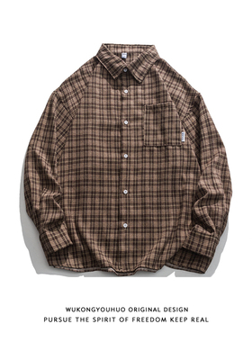 悟空有货日系街头格子撞色长袖衬衫男女复古宽松bf风情侣休闲外套
