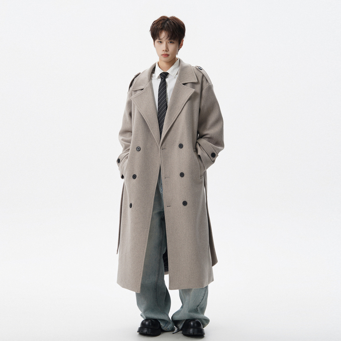 悟空有货复古高级感加厚毛呢大衣男秋冬双排扣中长款百搭夹棉外套