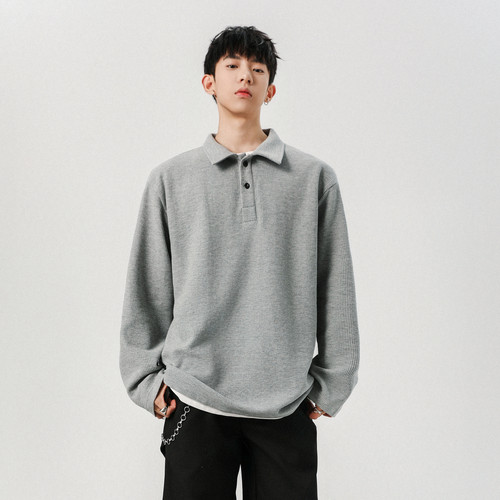 复古潮牌纯色华夫格POLO领卫衣男