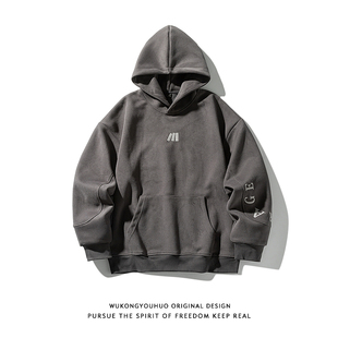 悟空有货美式复古刺绣字母重磅连帽卫衣男女潮牌宽松百搭套头帽衫