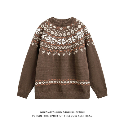 秋冬氛围感费尔岛提花圆领毛衣男