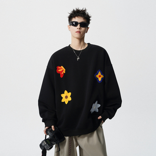 悟空有货美式 设计感宽松情侣上衣 复古花卉刺绣重磅圆领卫衣男秋季