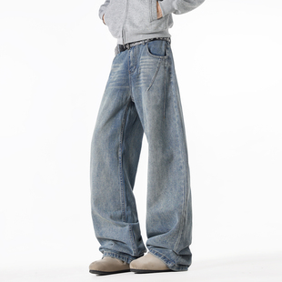男复古街头宽松百搭阔腿长裤 悟空有货潮牌美式 cleanfit弯刀牛仔裤