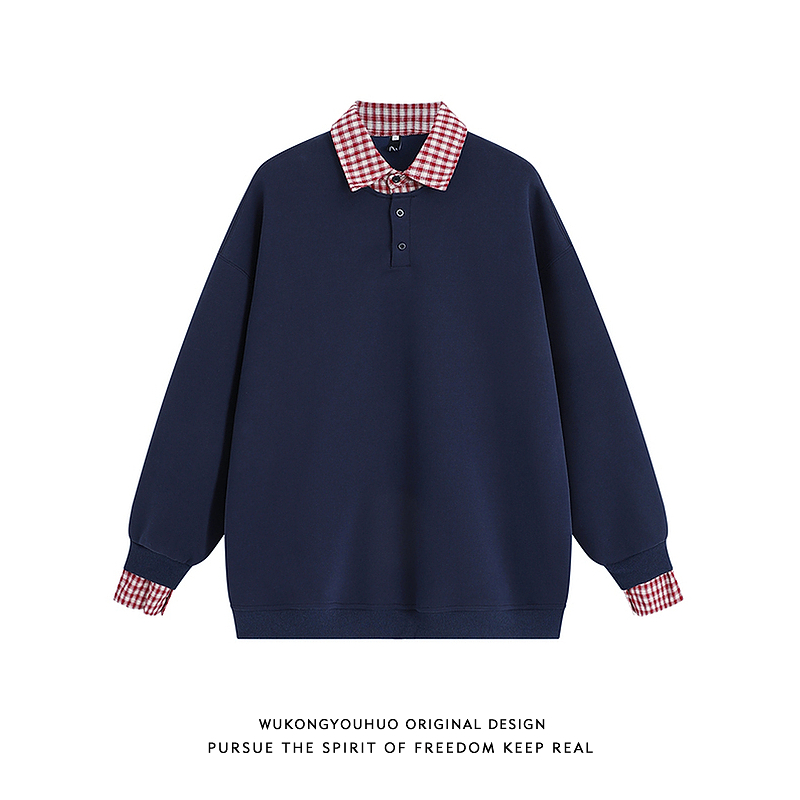 悟空有货假两件格子衬衫拼接POLO衫男美式复古学院风撞色翻领卫衣