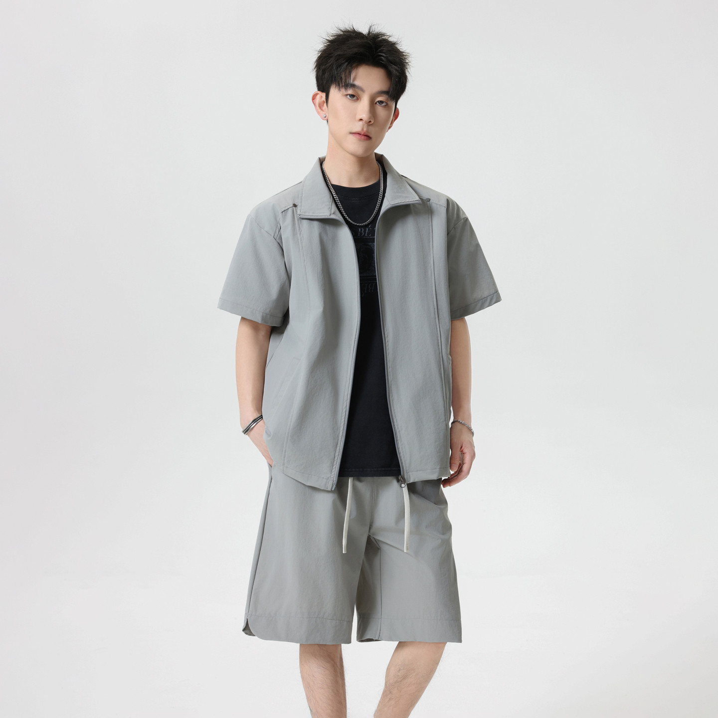 悟空有货夏季潮牌纯色休闲运动套装男女复古情侣宽松百搭短袖短裤