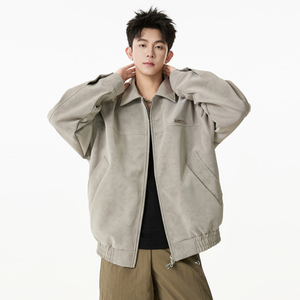 悟空有货美式复古PU皮翻领夹克男女秋季潮牌情侣宽松百搭机车外套