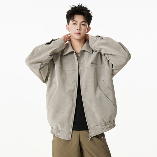 美式复古PU皮翻领夹克男女秋季