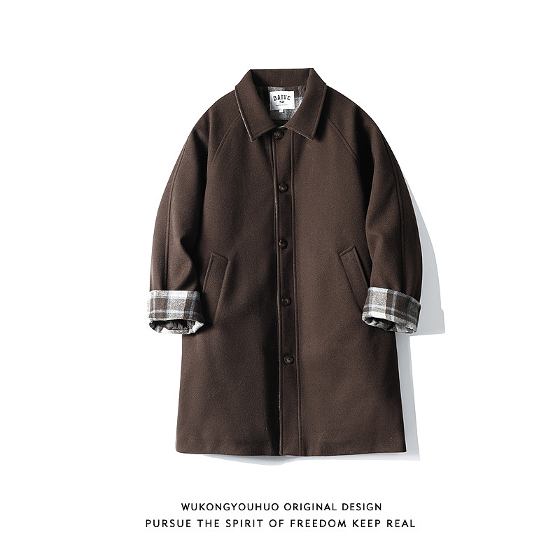 悟空有货复古格子拼接中长款毛呢大衣男秋冬潮牌夹棉棉衣休闲外套,男装,毛呢大衣,淘宝优惠券,粉丝福利购,淘宝优惠卷