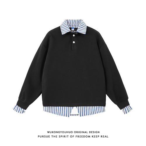 假两件撞色条纹衬衫领学院风卫衣