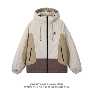 悟空有货美式 复古情侣户外保暖棉衣 撞色拼接连帽冲锋衣棉服男冬季