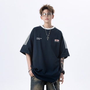 悟空有货潮牌美式重磅纯棉三条杠短袖T恤男夏季宽松情侣半袖体恤