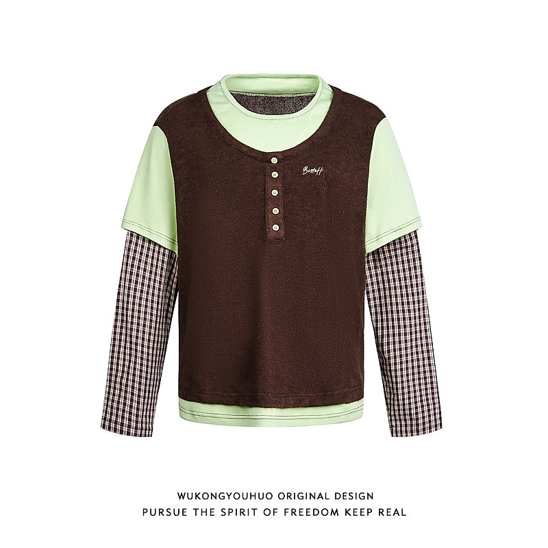 悟空有货潮牌格子拼接假三件长袖T恤男春季复古宽松情侣百搭上衣,男装,T恤,淘宝优惠券,粉丝福利购,淘宝优惠卷