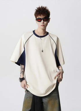 悟空有货夏季撞色拼接圆领短袖T恤男潮牌bf慵懒风情侣休闲百搭tee